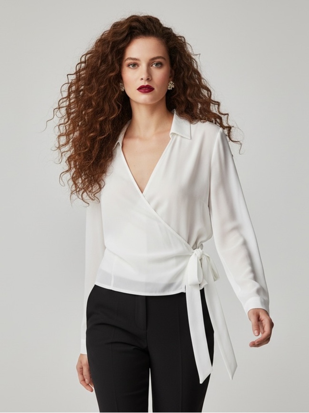 Another Story White Tie-Front Wrap Blouse Long Sleeve Sheer Size XL